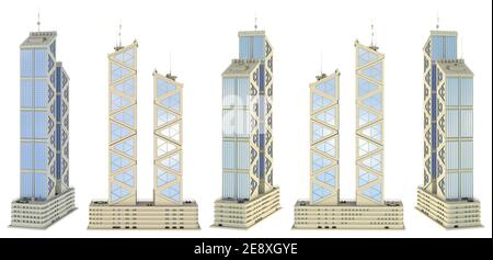 Set di 5 rendering di edifici aziendali di alto design immaginario con due torri con riflesso del cielo - isolato su bianco, vista laterale illustrazione 3d di sk Foto Stock