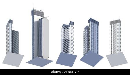 Set di 5 rendering di edifici commerciali dal design fittizio blocco di torri piatte con riflesso del cielo - isolato su bianco, vista dal basso illustrazione 3d di Foto Stock