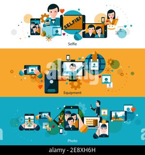 Foto mobili con gli smartphone selfie piace e smily banner orizzontali impostare l'illustrazione vettoriale isolata piatta Illustrazione Vettoriale