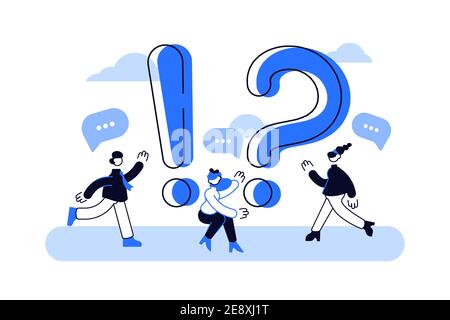 Donna e uomo in piedi vicino a esclamazioni e domanda Illustrazione Vettoriale