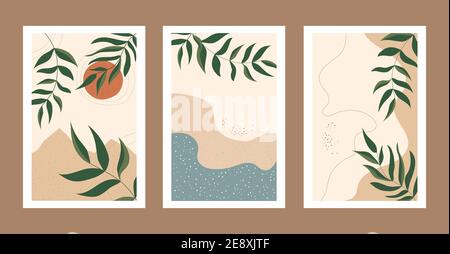 Collezione astratta di sfondi natura contemporanea - vendita estiva, contenuti promozionali sui social media. Foglie, sole, mare, spiaggia e montagne. Progettazione per Illustrazione Vettoriale