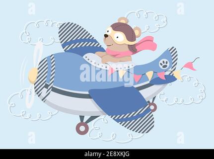 Carino cartoon Teddy orso volare in aereo Illustrazione Vettoriale