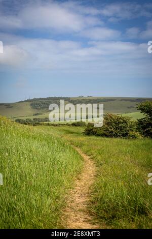 Un sentiero attraverso la campagna del Sussex, in una soleggiata giornata di primavera Foto Stock