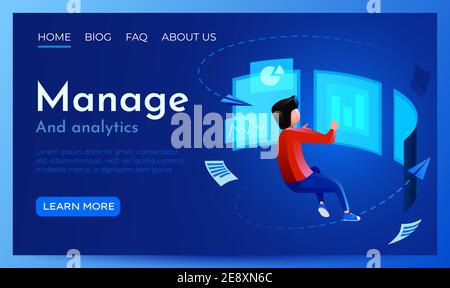 Le persone volano intorno al monitor virtuale. Analisi dei dati digitali, della realtà virtuale e della gestione finanziaria. Modello sito Web della landing page. Illustrazione vettoriale Illustrazione Vettoriale