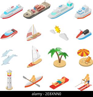Yacht barche barche e spiaggia vacanze icone isometriche set isolato illustrazione vettoriale Illustrazione Vettoriale