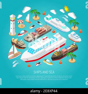 Mare e navi con traghetti cargo barche yacht e spiagge illustrazione vettoriale del concetto isometrico Illustrazione Vettoriale
