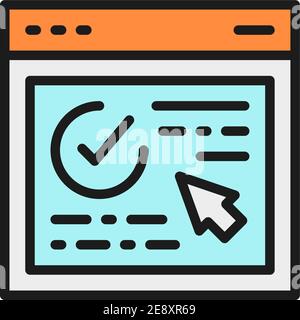 Autorizzazione, pagina Web approvata, sito Web con segno di spunta icona linea a colori piatta. Illustrazione Vettoriale