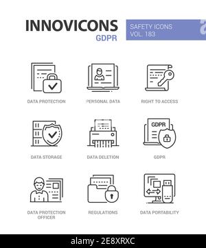 GDPR - Set di icone di stile moderno. La legge sulla protezione dei dati e la privacy, principi. Portabilità, informazioni personali, diritto di accesso, to Illustrazione Vettoriale