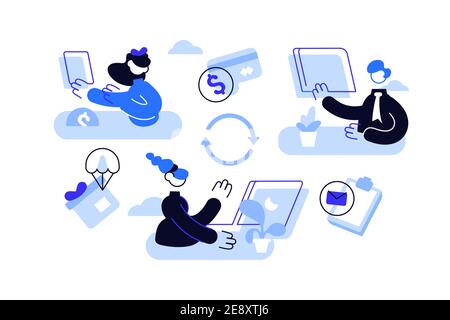 Come il trasporto di goccia funziona concetto. Vendita di affari in linea. Illustrazione Vettoriale