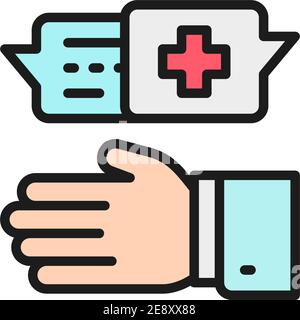 Il medico prescrive la medicina, lo specialista medico prescrive l'icona della linea di colore piatta. Illustrazione Vettoriale