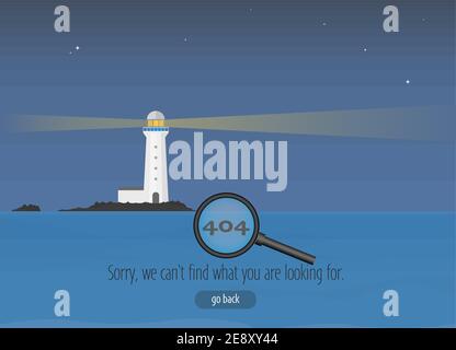 404 pagina web di errore con faro contro oceano scuro e cielo illustrazione vettoriale Illustrazione Vettoriale