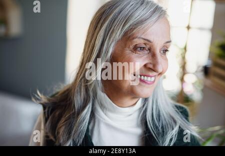 Vista frontale ritratto di donna anziana felice in piedi all'interno di casa. Foto Stock