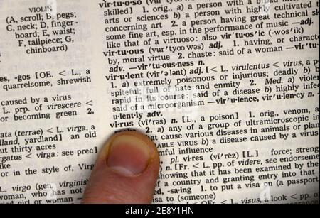 Un dito che punta alla parola virus su una pagina stampata del dizionario inglese con parte della definizione visibile. Foto Stock