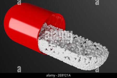 capsula di medicina rossa aperta con il contenuto che esce da esso su uno sfondo nero. rendering 3d Foto Stock
