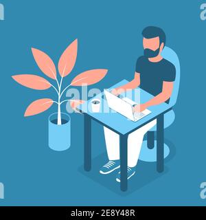 Giovane uomo moderno seduto su un computer portatile in ufficio. Il concetto di business di successo e di lavoro remoto. Illustrazione vettoriale nello stile isometrico Illustrazione Vettoriale