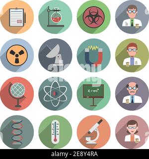 Set piatto di icone scientifiche con globo di atomi di dna e magnete illustrazione vettoriale isolata Illustrazione Vettoriale