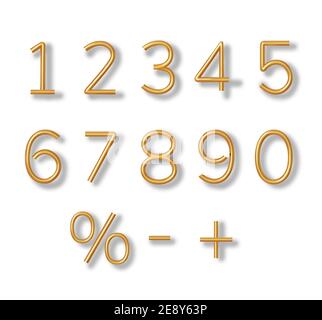 Colore del carattere 3d realistico numeri dorati numero sotto forma di bollature metalliche. Vettore Illustrazione Vettoriale
