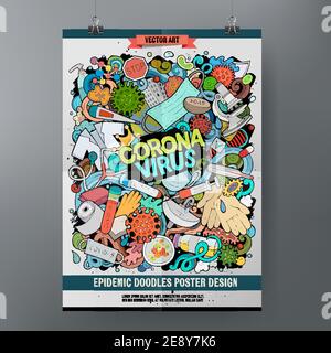Cartoon colorato doodles disegnati a mano poster Coronavirus Illustrazione Vettoriale