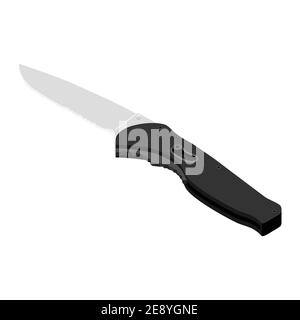Illustrazione vettoriale coltello pieghevole con manico nero isolato su sfondo bianco vista isometrica. Arma Illustrazione Vettoriale