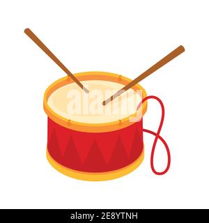 Tamburo rosso e bastoncini di legno. Strumento musicale, drum machine. Illustrazione vettoriale isolata su sfondo bianco. Illustrazione Vettoriale