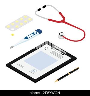Esame medico e assistenza sanitaria, concetto di assicurazione sanitaria. Stetoscopio, termometro, penna, clipboard con modulo di prescrizione e blister con pillole. Illustrazione Vettoriale