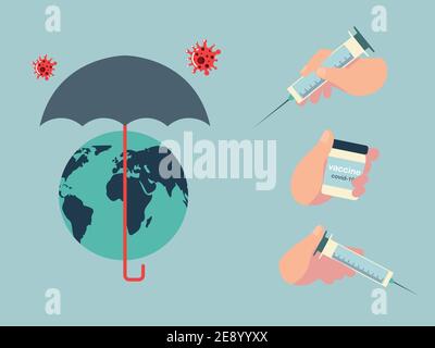 flaconcino di protezione del vaccino mondiale siringa di ampula trattamento covid 19 vettore illustrazione Illustrazione Vettoriale