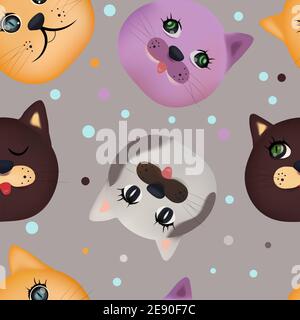 Colorati simpatici volti di gatto . Bellissimo motivo senza cuciture con cute faccia di gatto. Illustrazione vettoriale 3D. Illustrazione Vettoriale