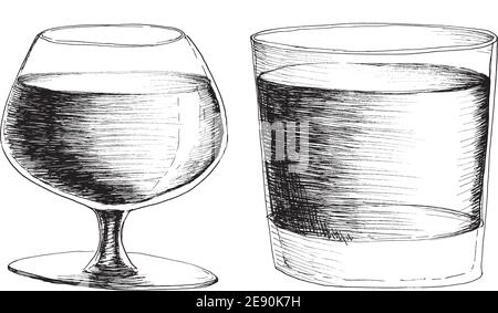 Disegno vettoriale in stile monocromatico del brandy e del bicchiere di vino whisky disegnati a mano isolati su sfondo bianco. Illustrazione Vettoriale