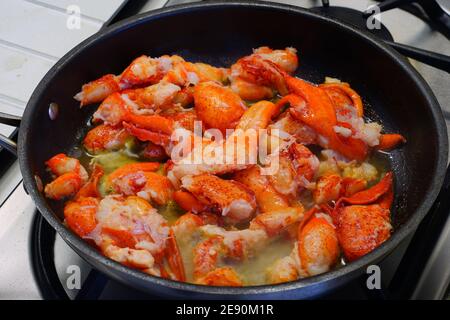 Salate la carne di aragosta in una padella Foto Stock