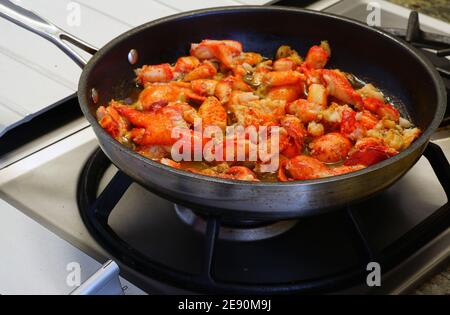 Salate la carne di aragosta in una padella Foto Stock