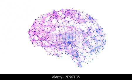 Cervello geometrico astratto con connessioni di rete. Illustrazione del rendering 3D isolata su sfondo bianco. Concetto di intelligenza artificiale Foto Stock