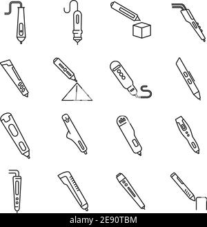 set di icone del modello di penna 3d, stile del contorno Illustrazione Vettoriale