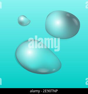 Set di gocce d'acqua trasparenti realistiche. Gocce di liquido puro isolate su sfondo blu. Illustrazione Vettoriale