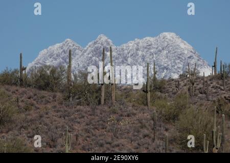 Una tempesta invernale copre le quattro montagne sulla neve nella natura selvaggia del deserto dell'Arizona fuori dalla città di Phoenix. Foto Stock