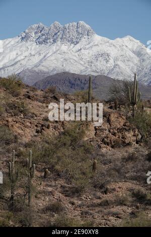 Una tempesta invernale copre le quattro montagne sulla neve nella natura selvaggia del deserto dell'Arizona fuori dalla città di Phoenix. Foto Stock