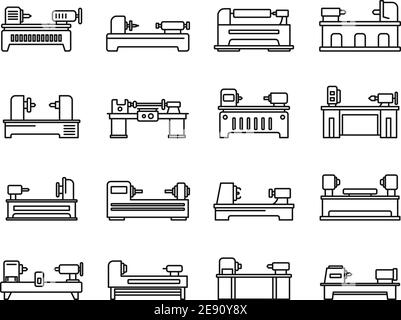 Set di icone di foratura al tornio, stile contorno Illustrazione Vettoriale