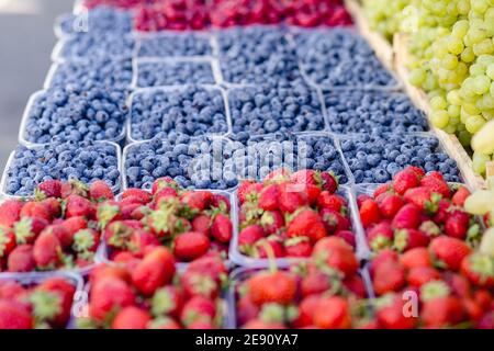Fragole, lamponi, mirtilli, uva in scatola di plastica trasparente per la vendita allo stand della drogheria sul mercato alimentare. Frutta estiva. H Foto Stock