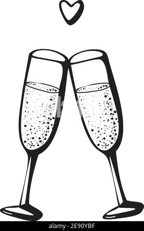 Vetector doodle disegno a mano schizzo nero illustrazione di due champagne bicchieri coppia amore bere cheers su sfondo bianco Illustrazione Vettoriale