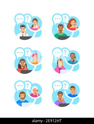 Gli operatori del supporto clienti parlano telefonicamente con i clienti. Consulenti di call center, uomini e donne di diverse razze rispondono alle domande dei clienti. Acceso Illustrazione Vettoriale