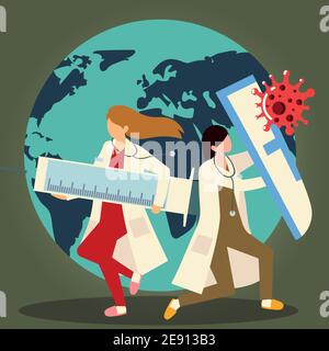 donne medici con siringa grande e vaccino scudo previene covid 19 illustrazione vettoriale Illustrazione Vettoriale
