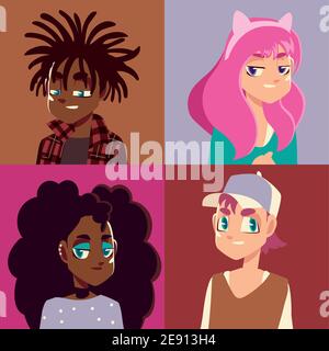 gente cultura giovanile ragazza con capelli rosa, uomo afro con temadlock illustrazione vettoriale Illustrazione Vettoriale