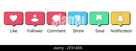 I social media si presentano con icone come, follower, Commento, Condividi, Salva e notifica. Set di avvisi e invito all'azione per i social media commu Illustrazione Vettoriale