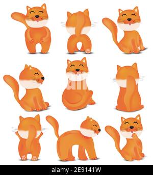 Raccolta di gatti carino in diverse pose. Gatti domestici e divertenti su sfondo bianco. Gatti rossi. Icone vettoriali. Illustrazione Vettoriale