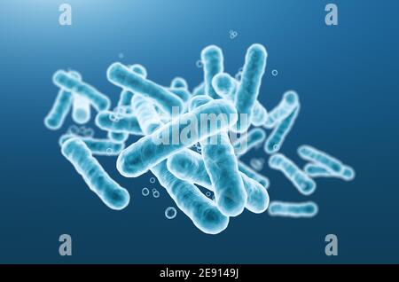 Primo piano di batteri blu microscopici di rendering 3d. Foto Stock