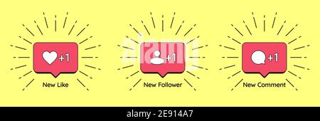 I social media notano bolle con l'icona mi piace, seguace e Commento. Insieme di contatori di notifica di nuovi mi piace, seguaci e commenti con sunburst. SOC Illustrazione Vettoriale