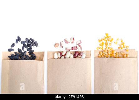 Preparazione e pianificazione primaverile per la semina di ortaggi. Semi vegetariani in buste di carta artigianali. Lavori stagionali in giardino. Studio foto Foto Stock