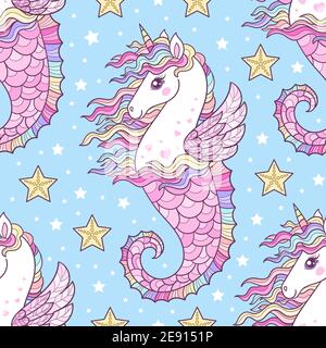 Seahorse unicorn modello senza cuciture. Su sfondo blu. Vettore Illustrazione Vettoriale