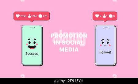 Promozione account riuscita e non riuscita nel social network. Telefono cellulare con notifica bolla e contatore di mi piace, seguaci, commenti. Carrello Illustrazione Vettoriale