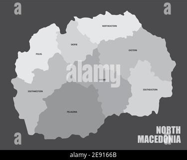 La mappa isolata della Macedonia del Nord divisa in regioni con etichette Illustrazione Vettoriale