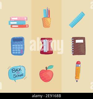pacchetto di nove icone del set back to school Illustrazione Vettoriale